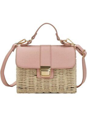 Women's Beige Leather Handmade Straw Rattan Woven Bag Top Handle Crossbody Bags
